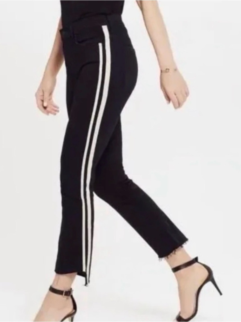 Mother Denim - Black Side-Stripe Ankle Pants with White Stripes